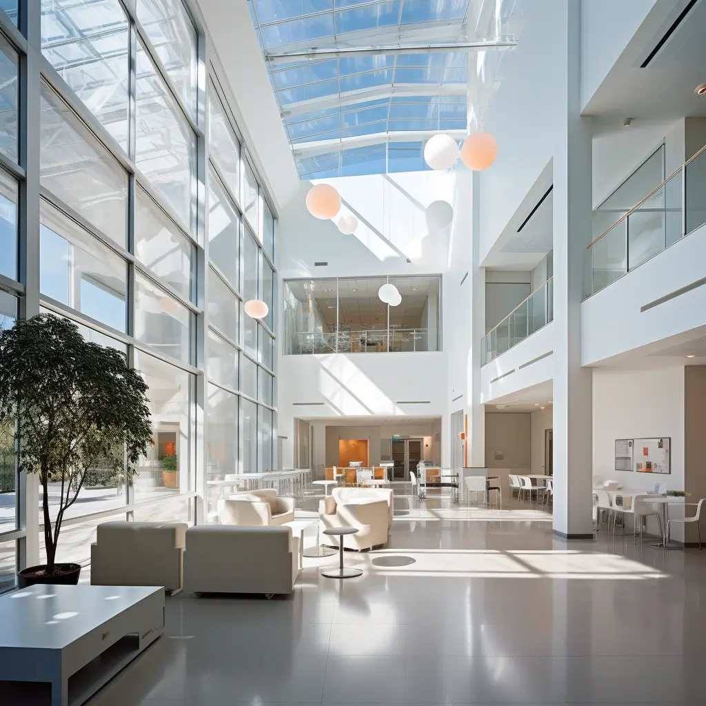 Interior of Small Ball Technologies headquarters showing open floor plan, glass walls, and Bauhaus-inspired minimalist design